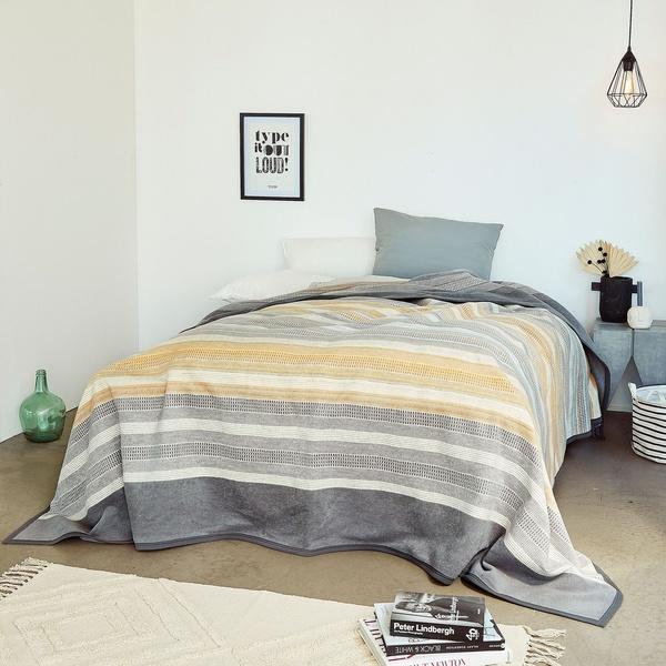 ibena Beautiful Grey/ Yellow Stripes Queen Cotton Blend Bed Blanket
