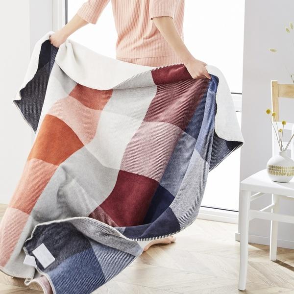 Ibena Blue / Orange / Red Colorblock Plaid Cotton Throw Blanket