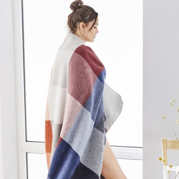ibena Blue / Orange / Red Colorblock Plaid Cotton Throw Blanket