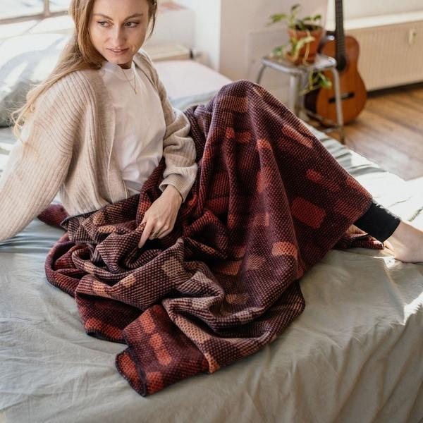 ibena Burgundy Orange Fall Colored Cotton Blend Throw Blanket