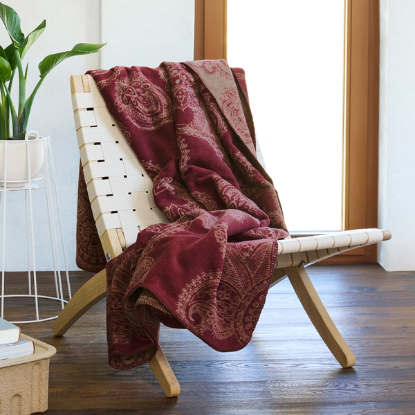 ibena Burgundy Paisley Bohemian Cotton Blend Throw Blanket