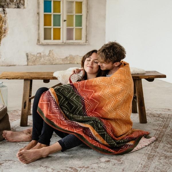 Ibena Cotton Blend Sunset Colored Reversible Throw Size Blanket