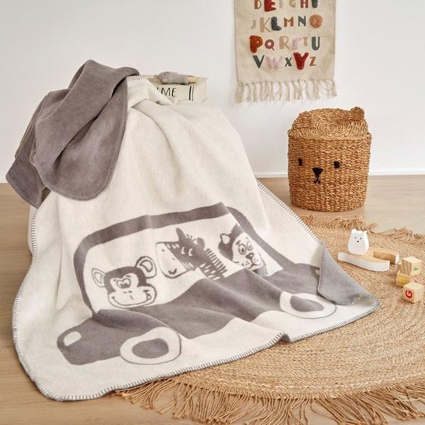 ibena Cute Gender Neutral Safari Bus Kids Soft Cotton Blend Throw