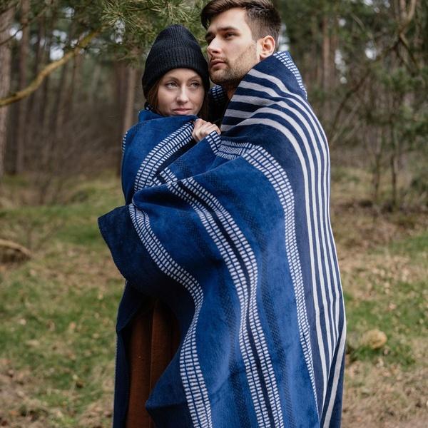 Ibena Deluxe Contemporary Marine Blue Royal Striped Blanket Throw