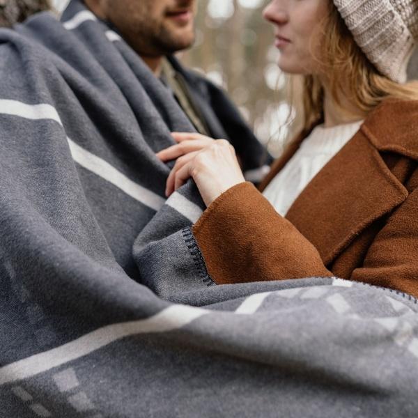 Ibena Grey Cotton Blend Plaid Throw Blanket With A Twist