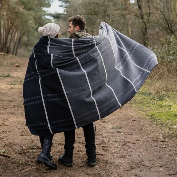 ibena Grey Cotton Blend Plaid Throw Blanket with a Twist