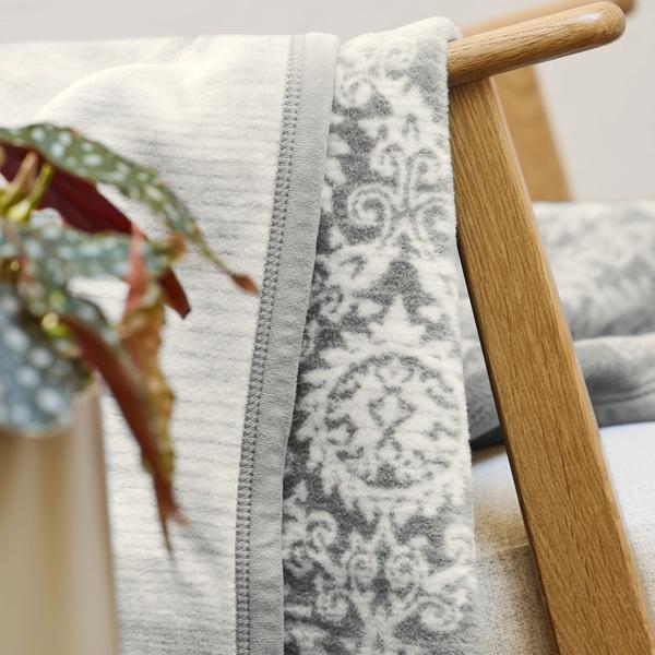 Ibena Grey Ivory Damask Pattern Cotton Blend Throw Blanket