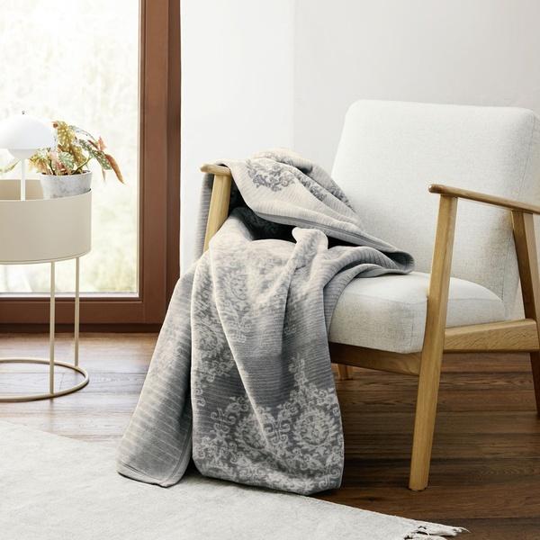 ibena Grey Ivory Damask Pattern Cotton Blend Throw Blanket