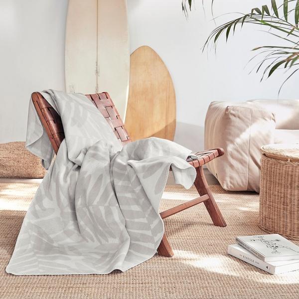 ibena Grey Fern Leaves 100% Cotton Throw Blanket