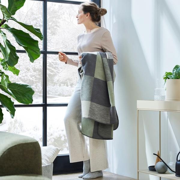 Ibena IBENA - The 'Hamilton' Blanket - Organic Cotton Grey / Green Plaid
