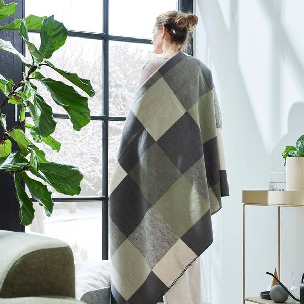 ibena IBENA - The 'Hamilton' Blanket - Organic Cotton Grey / Green Plaid