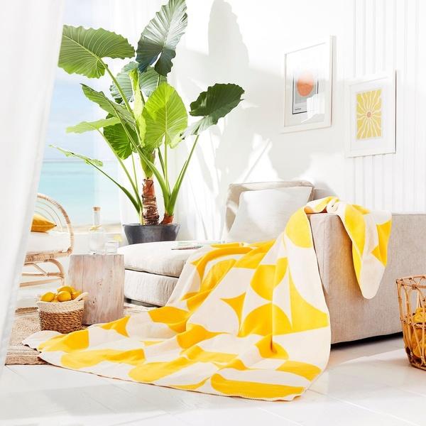 ibena Lemon Yellow Geometric Retro Vibe Cotton Blend Throw Blanket