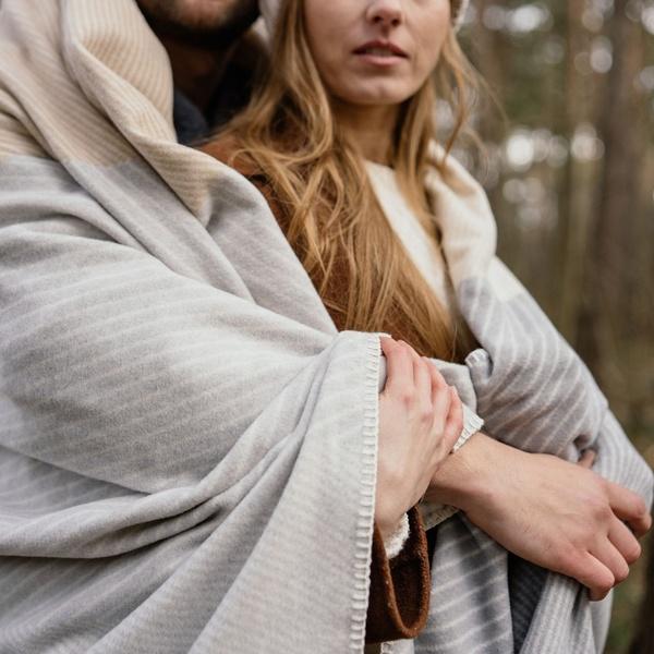 Ibena Natural Fine Striped Color Block Reversible Throw Blanket