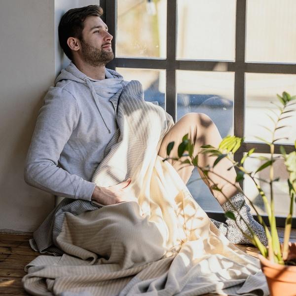 Ibena Natural Fine Striped Color Block Reversible Throw Blanket