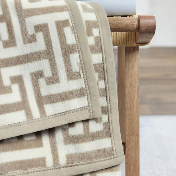 Ibena Neutral Beige Greek Key Inspired Cotton Blend Throw Blanket