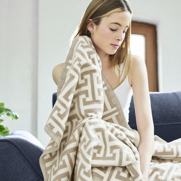 Ibena Neutral Beige Greek Key Inspired Cotton Blend Throw Blanket