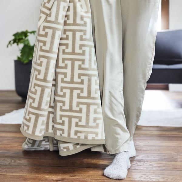 Ibena Neutral Beige Greek Key Inspired Cotton Blend Throw Blanket