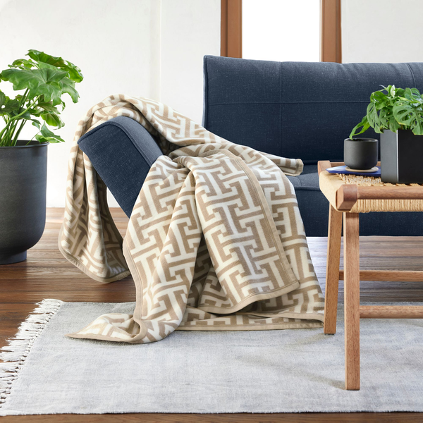 ibena Neutral Beige Greek Key Inspired Cotton Blend Throw Blanket