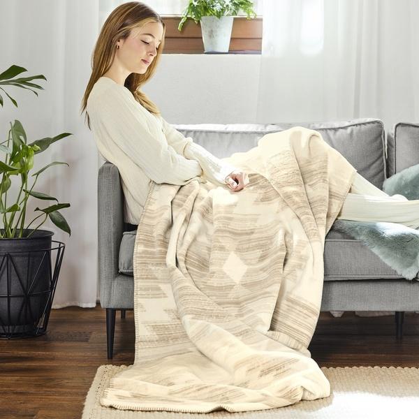 Ibena Neutral Beige Ivory Southwestern Cotton Blend Throw Blanket
