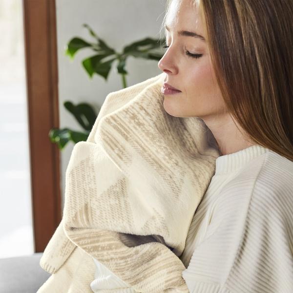 Ibena Neutral Beige Ivory Southwestern Cotton Blend Throw Blanket