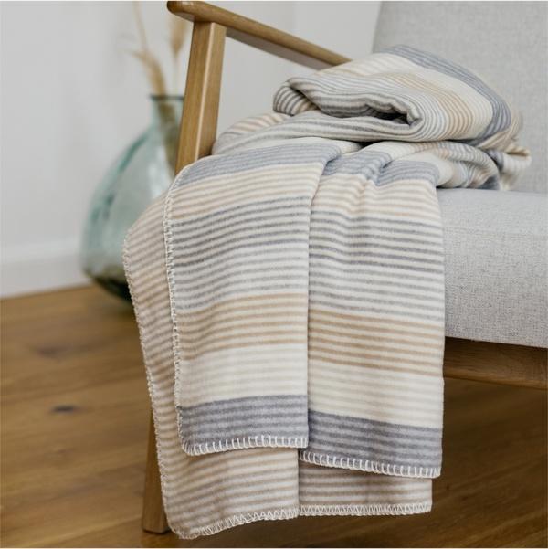 Ibena Neutral Grey / Beige Striped Cotton Blend Throw Blanket