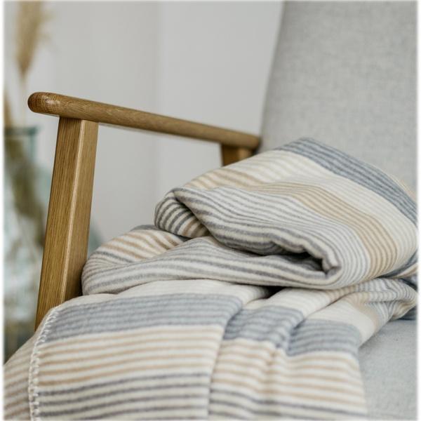 Ibena Neutral Grey / Beige Striped Cotton Blend Throw Blanket