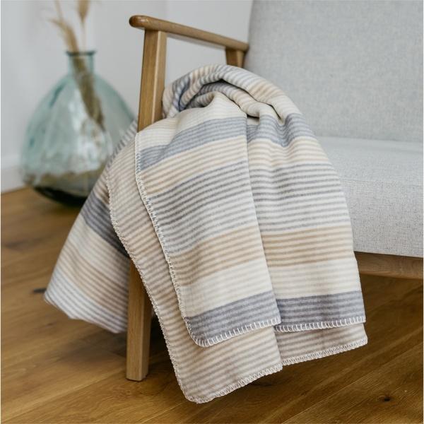 ibena Neutral Grey / Beige Striped Cotton Blend Throw Blanket