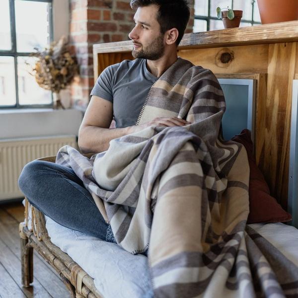 Ibena Timeless Classic Plaid Neutral Beige Brown Throw Blanket