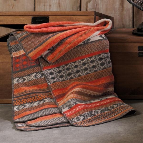 ibena Traditional Orange Scottish Fair Isle Pattern Throw Blanket