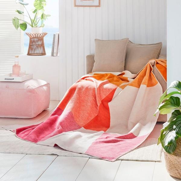 ibena Vibrant Orange / Pink Colorblock Cotton Blend Throw Blanket