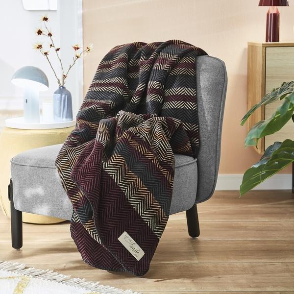 ibena Warm Burgundy Herringbone Pattern Striped Throw Blanket