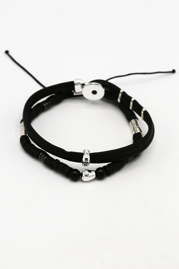 icon brand Icon Brand Black Double Stone and Leather Bracelet