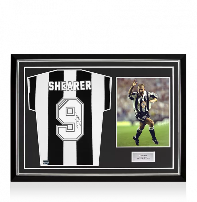 icons Alan Shearer Back Signed Newcastle United Retro Home Shirt In Hero Frame: Option 1