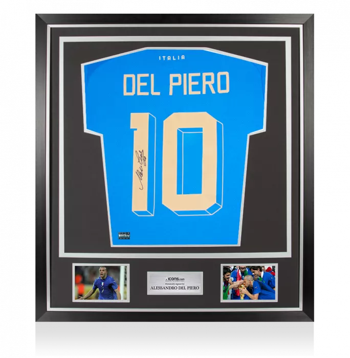 icons Alessandro Del Piero Back Signed Italy 2022-23 Home Shirt with Fan Style Numbers In Classic Frame