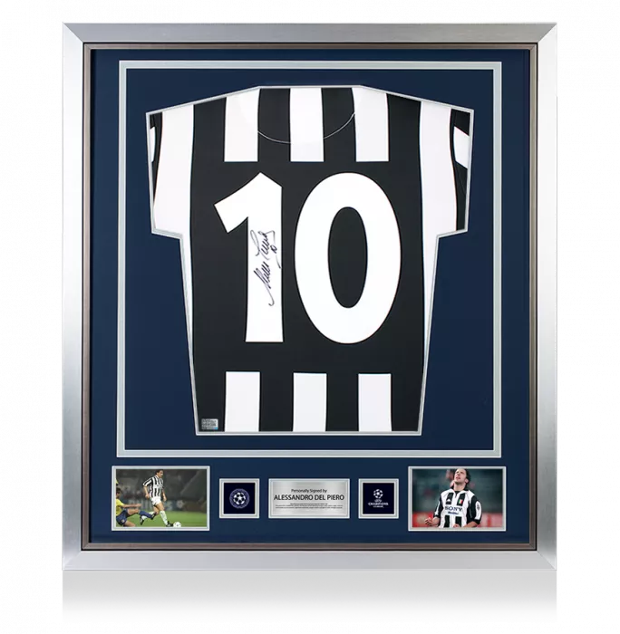 icons Alessandro Del Piero Official UEFA Champions League Back Signed and Framed Juventus 1994-95 Home Shirt With Fan Style Numbers