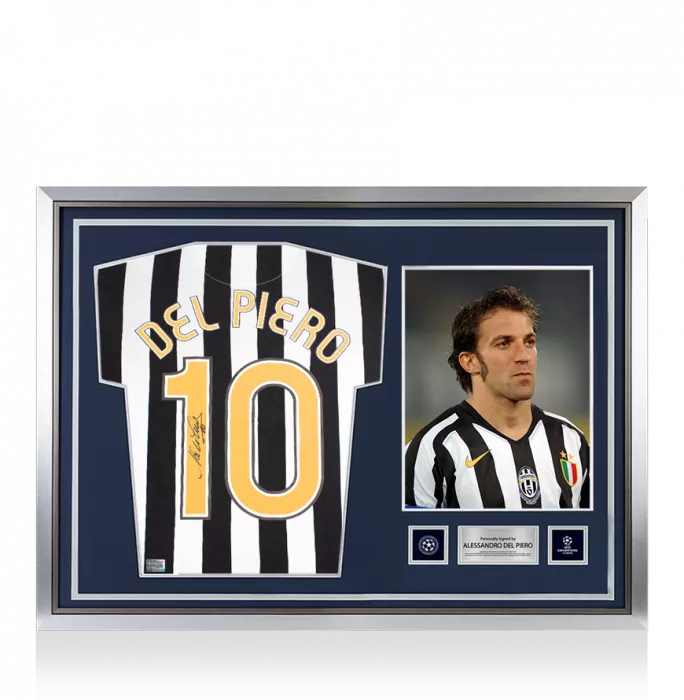 icons Alessandro Del Piero Official UEFA Champions League Back Signed and Hero Framed Juventus Retro Home Shirt With Fan Style Numbers