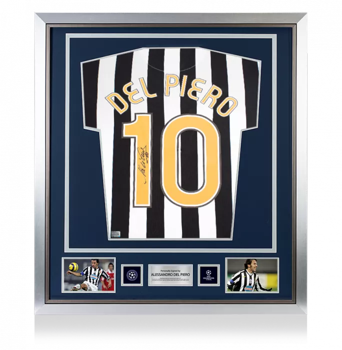icons Alessandro Del Piero Official UEFA Champions League Back Signed and Framed Juventus Retro Home Shirt With Fan Style Numbers