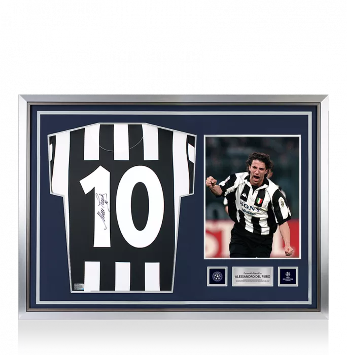 icons Alessandro Del Piero Official UEFA Champions League Back Signed and Hero Framed Juventus 1994-95 Home Shirt With Fan Style Numbers