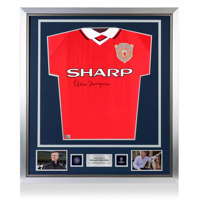 icons Alex Ferguson Official UEFA Champions League Front Signed and Framed Manchester United 1999 UEFA Champions League Shirt