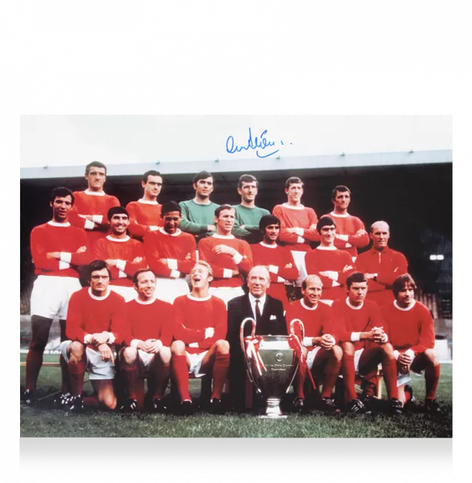 Icons Alex Stepney Signed Manchester United Team Print In Black Wooden Frame
