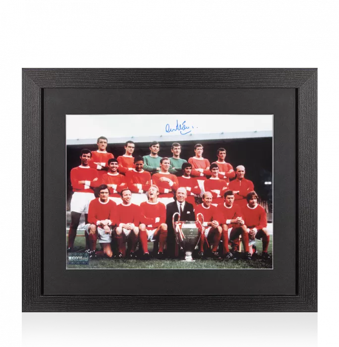 icons Alex Stepney Signed Manchester United Team Print In Black Wooden Frame