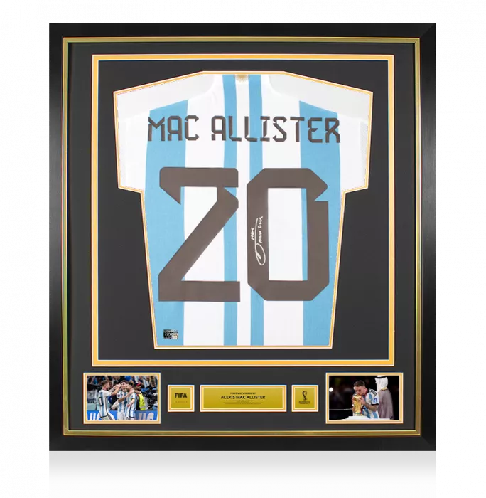 icons Alexis Mac Allister Official 2022 FIFA World Cup™ Back Signed and Framed Argentina 2022-23 Home Shirt