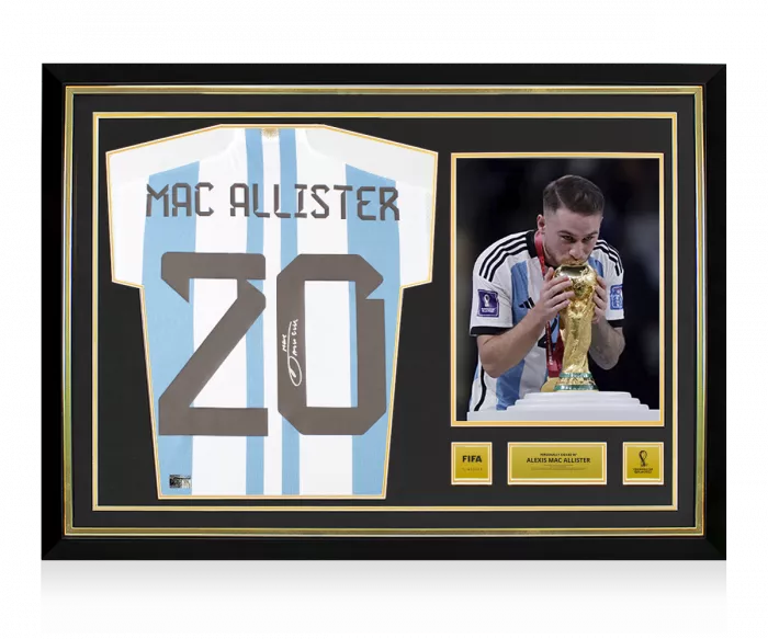 icons Alexis Mac Allister Official 2022 FIFA World Cup™ Back Signed and Hero Framed Argentina 2022-23 Home Shirt