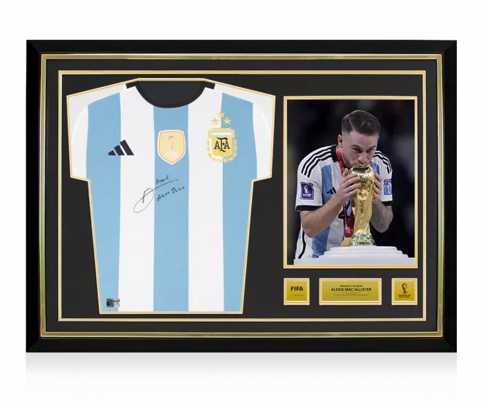 icons Alexis Mac Allister Official 2022 FIFA World Cup™ Front Signed and Hero Framed Argentina 2022 Home Shirt