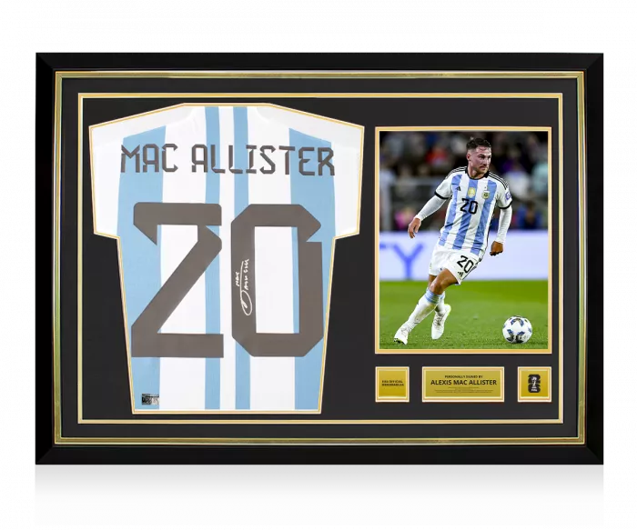 icons Alexis Mac Allister Official 2026 FIFA World Cup™ Back Signed and Hero Framed Argentina 2022-23 Home Shirt
