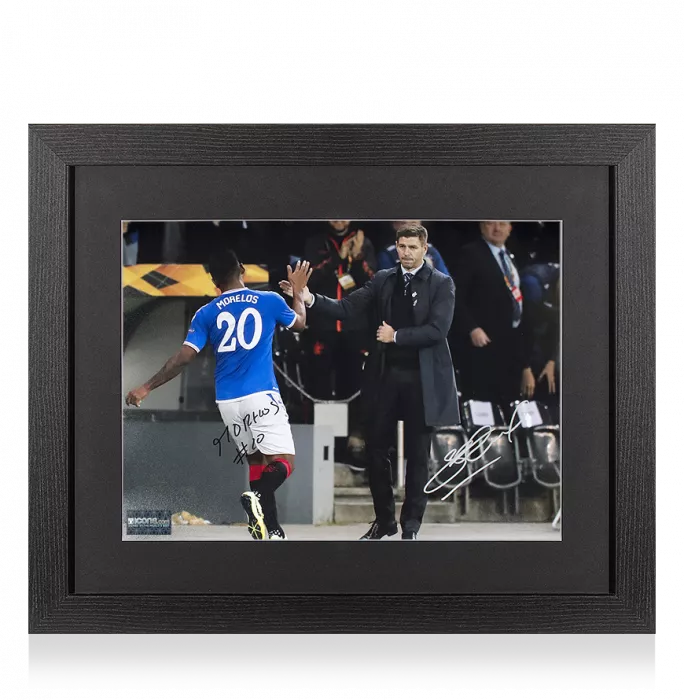 Icons Alfredo Morelos & Steven Gerrard Signed Rangers Photo In Black Wooden Frame: The Boss And The Buffalo