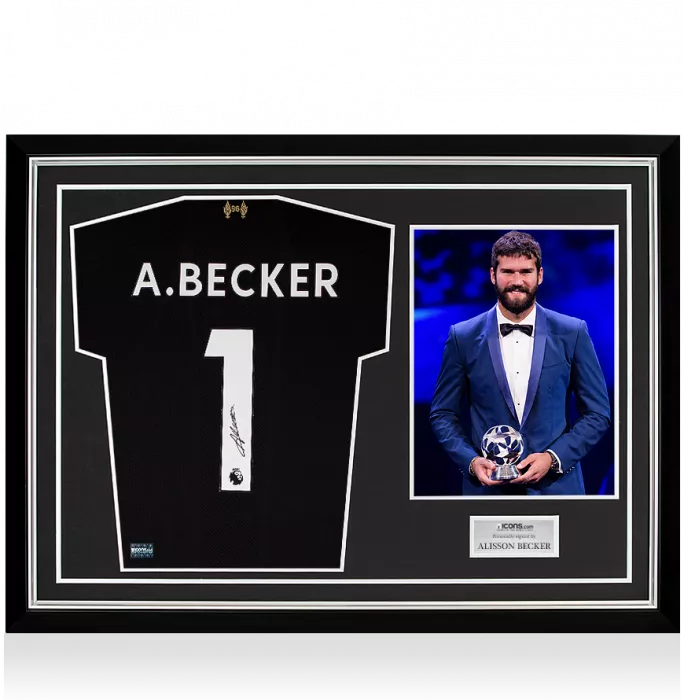 icons Alisson Becker Back Signed Liverpool 2019-20 Goalkeeper Shirt In Hero Frame: Option 2