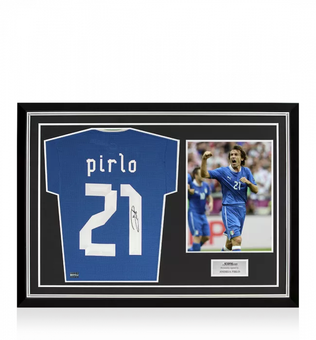Icons Andrea Pirlo Back Signed Italy 2012-13 Home Shirt With Long Sleeves In Hero Frame: Option 1