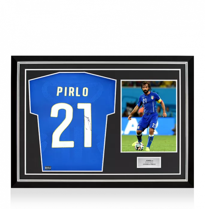 icons Andrea Pirlo Back Signed Signed Italy 2014 Home Shirt: Long Sleeved In Hero Frame: Option 1