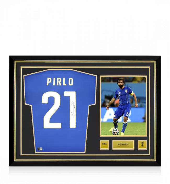 icons Andrea Pirlo Official 2014 FIFA World Cup™ Back Signed and Hero Framed Italy 2014 Home Shirt: Long Sleeved Edition